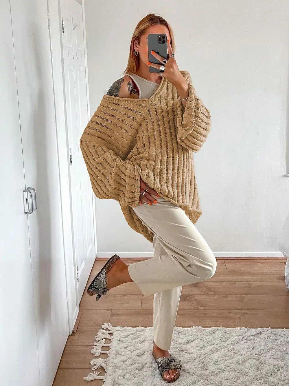maoxiangshop - Knitted Pullover Sweater Women Long Sleeve V Neck Loose Casual Top Women Autumn Winter Oversize Jumper Sweaters Mujer