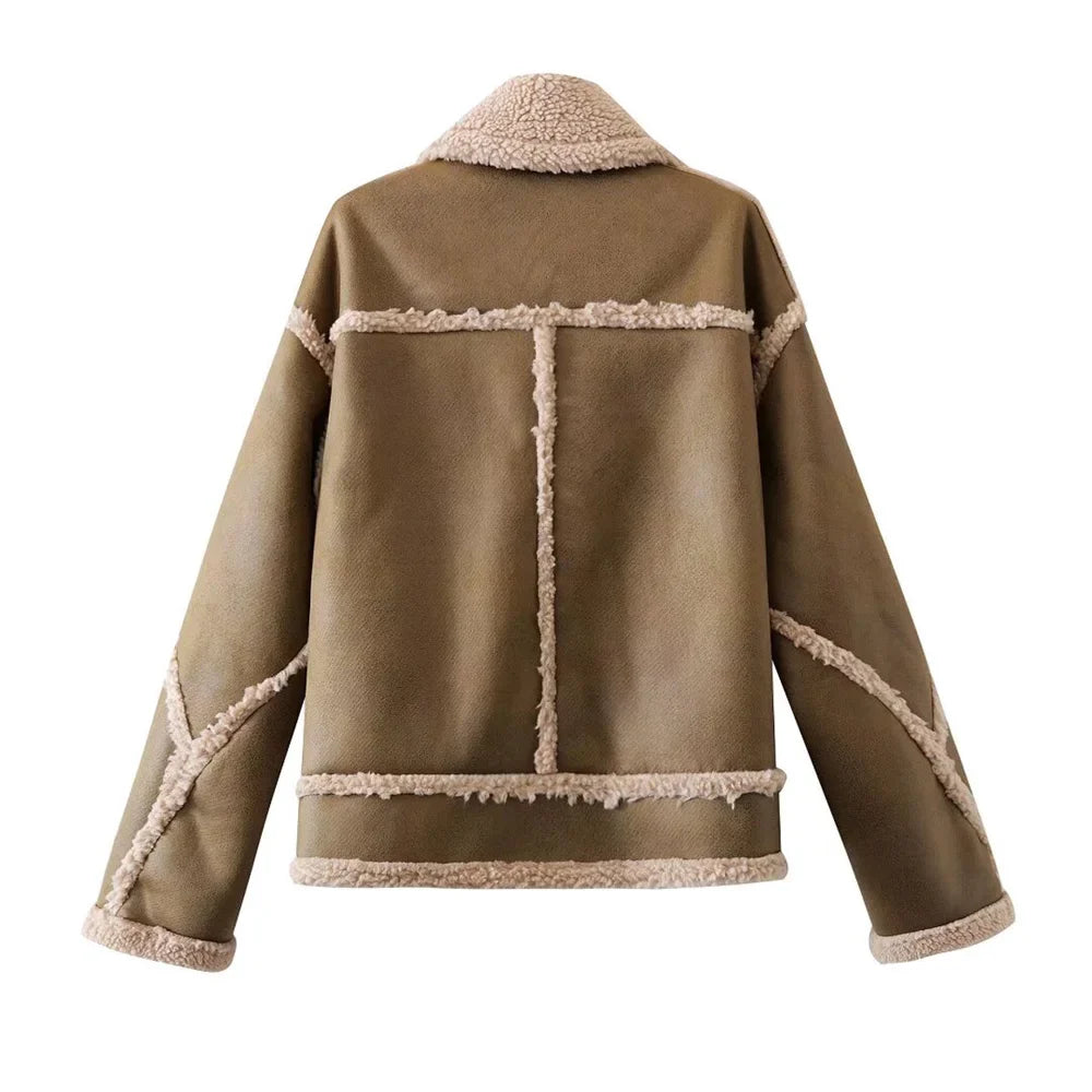 maoxiangshop - 2024 Early Autumn New Women's Fashion Splicing Fleece Lining Thickened Lapel Double-sided Jacket