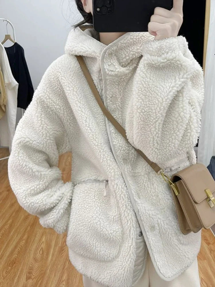 maoxiangshopNew Korean Fashion Jacket Women Autumn/Winter Single Breasted Hooded Imitation Lamb Wool Top Vintage Thick Coat Women Clothing