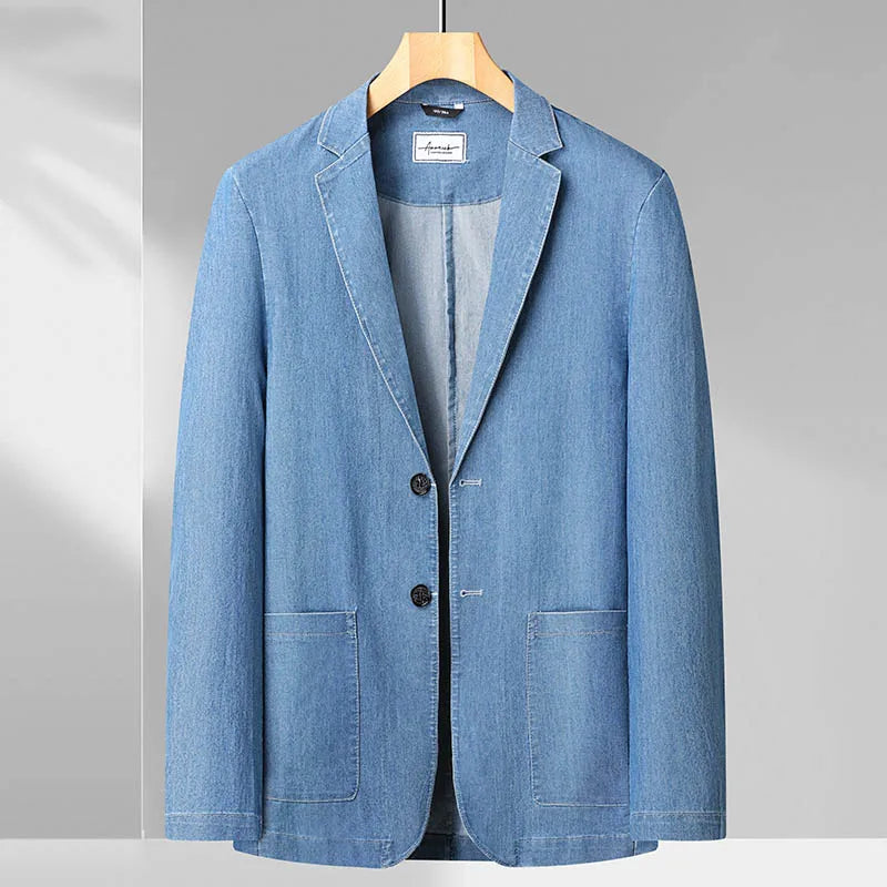 maoxiangshop Spring and Summer Men's Thin Cotton Monochrome Suit Loose Denim Casual Suit Jacket Coat(oversized plus size)