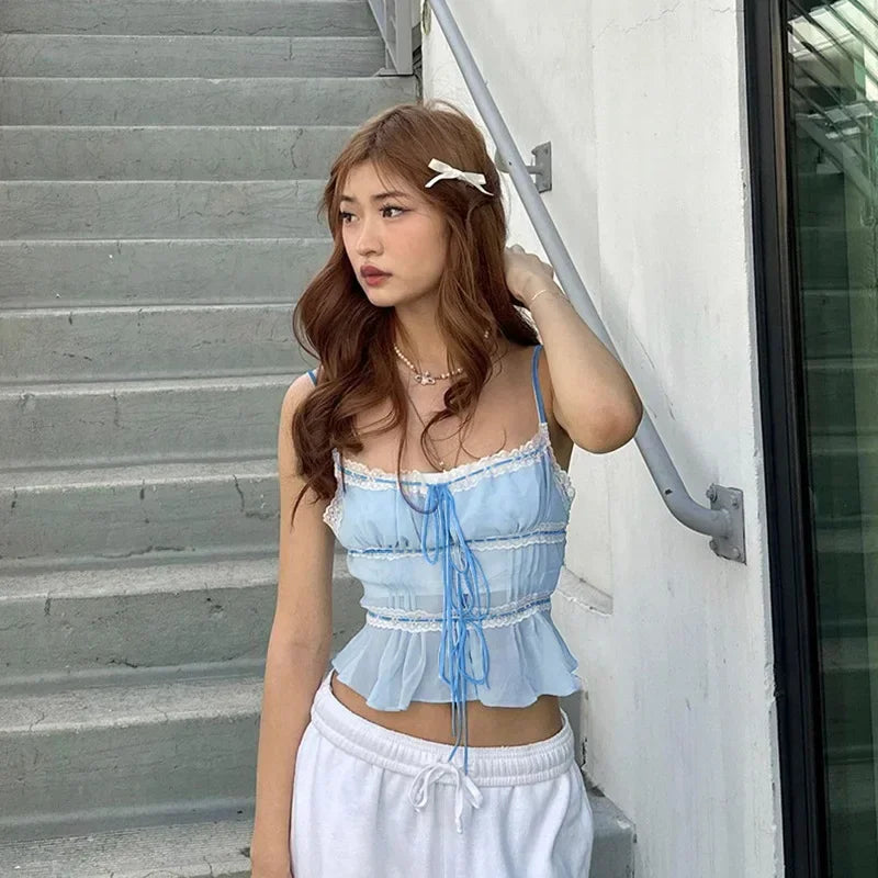 maoxiangshop - 2024 Instagram New Cute Summer Semi Transparent Chiffon Vest and y2k Slim Fit Spicy Girl Lace Top with Ties