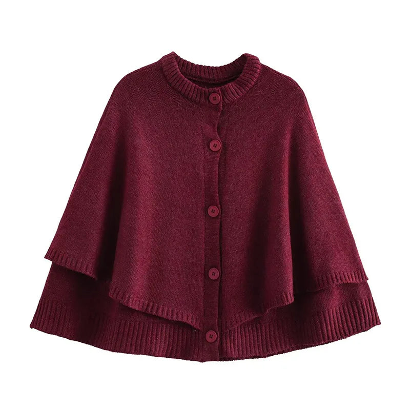 maoxiangshop - Chic Knitted Cape Cardigan Women Casual Solid Single-Breasted O-neck Sweaters Female Autumn Loose Versatile Simple Knitwear