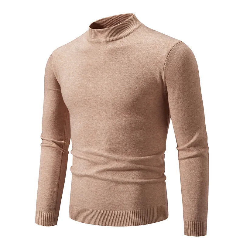maoxiangshop Autumn New Sweater Men's Half High Neck Basic Solid Color Casual Versatile Round Neck Knit with Slim Fit Elastic Sweater Inside
