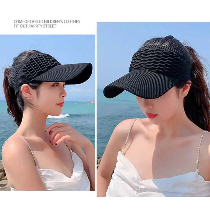 maoxiangshop Fashion Folds Design Women Empty Top Hat Summer Solid Color Large Brim Sunscreen Hat Outdoor Elastic Fabric Sports Sun Cap