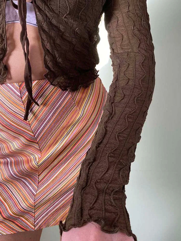 maoxiangshop - Brown Cardigan Shirts Women Long Sleeves Harajuku Fashion Tops Fron Lace-up Cute Tops Y2K Fairycore Retro Women's Shirts