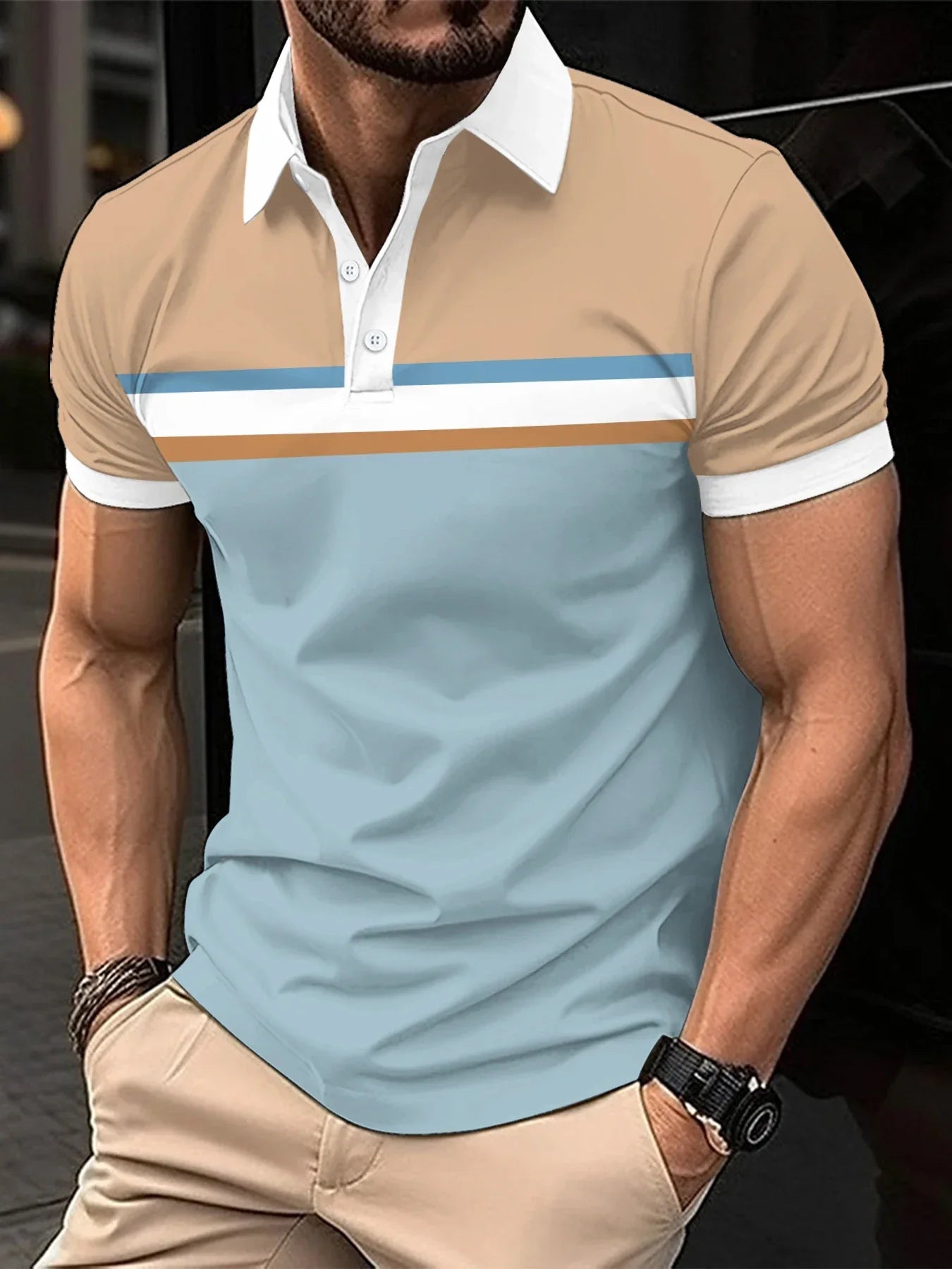 maoxiangshop 2024 Summer Best-Selling Men's Polo Shirt Lapel Printed Men's Clothing Stripes Polo Shirt Casual Sports Men's Shirt
