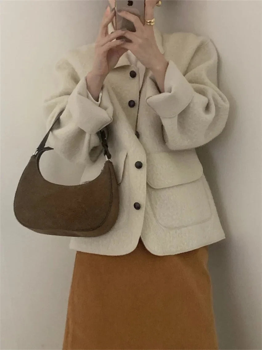 maoxiangshop - Chic Solid Woolen Jackets Loose Women New Warm 2025 Vintage Slim Winter Streetwear Elegant Fashion Daily Coats