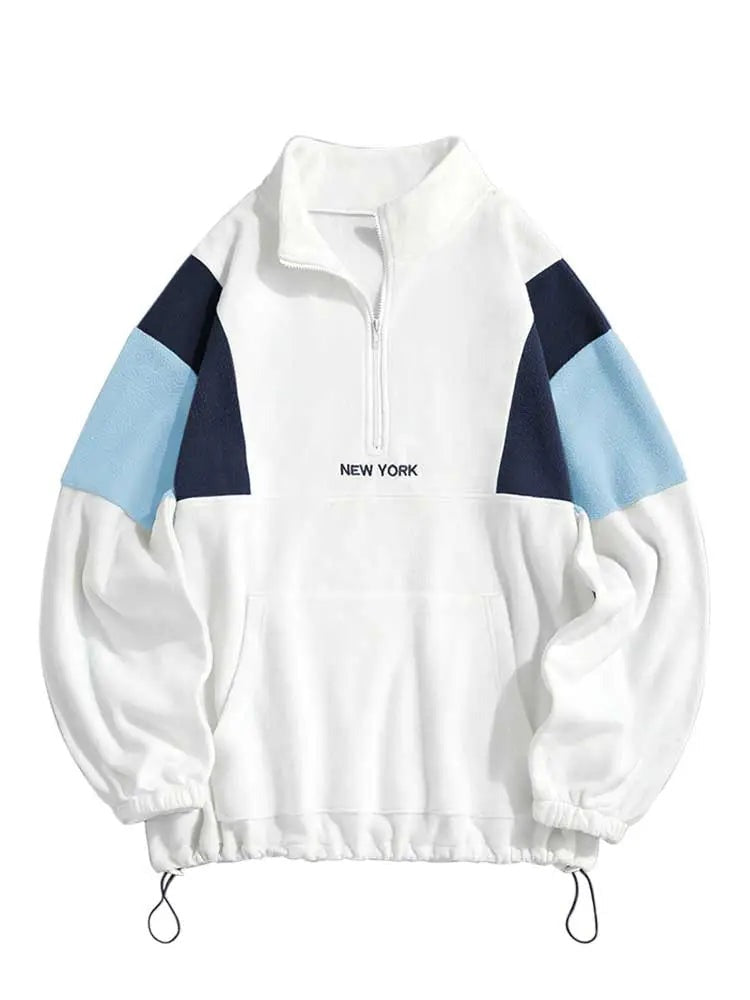 maoxiangshop Hoodie for Men Fluffy Polar Fleece Sweatshirts New York Embroidery Turtleneck Hoodies Pullover Color Block Zipper Sweats