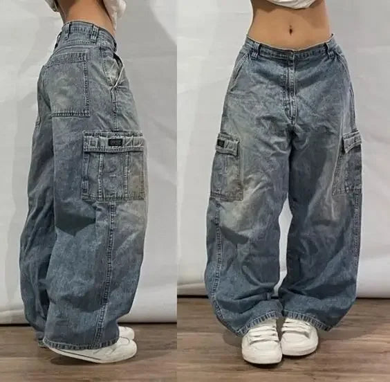 maoxiangshopStreet Vintage Jeans New Y2K Harajuku Wash blue Multiple pockets Baggy Jeans Denim Pants Mens Womens High Waist Wide Trousers