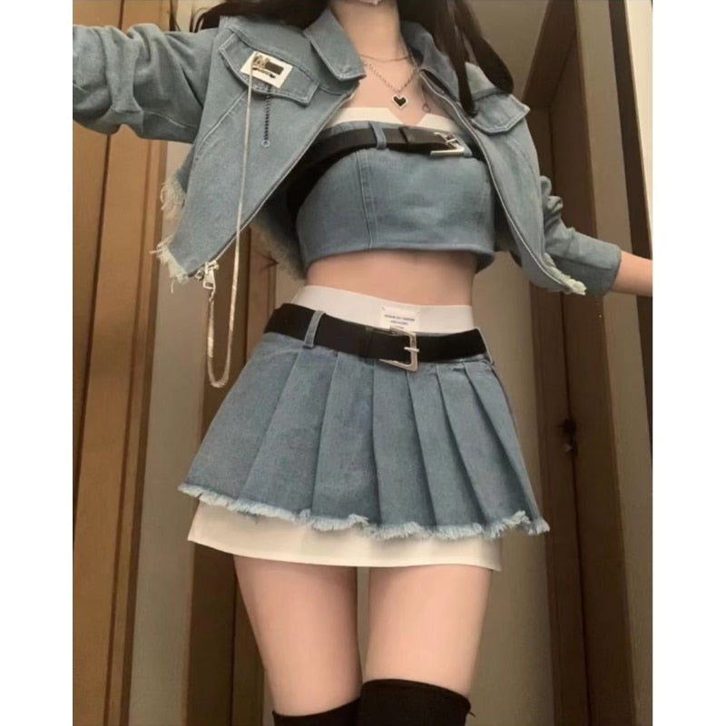 maoxiangshopHikigawa Chic Fashion Women Streetwear Y2k Denim Jackets+Sexy Strapless Tube Tank Top+HIgh Waist Pleated Mini Skirts 3 Set Mujer
