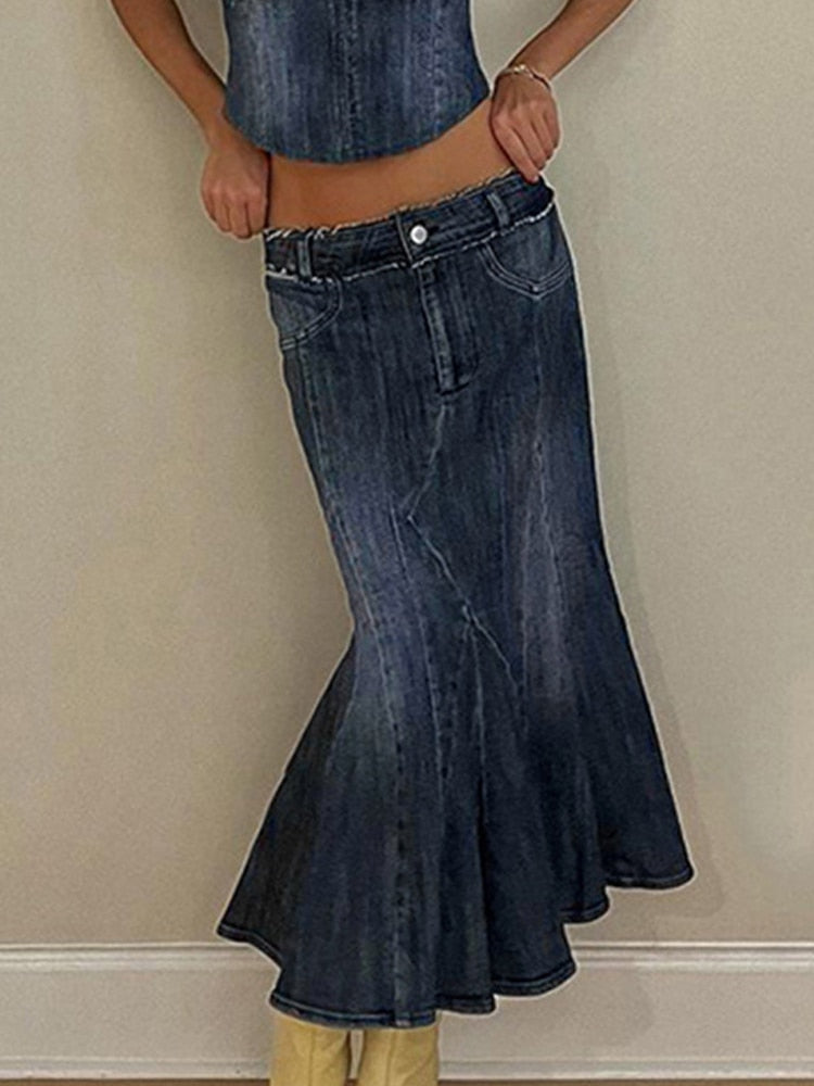 maoxiangshop Sexy Denim Skirt Women Set Tube Tops Fur Edge Mermaid Dress Female Streetwear Set Summer Slim Sleeveless Spicy Suits