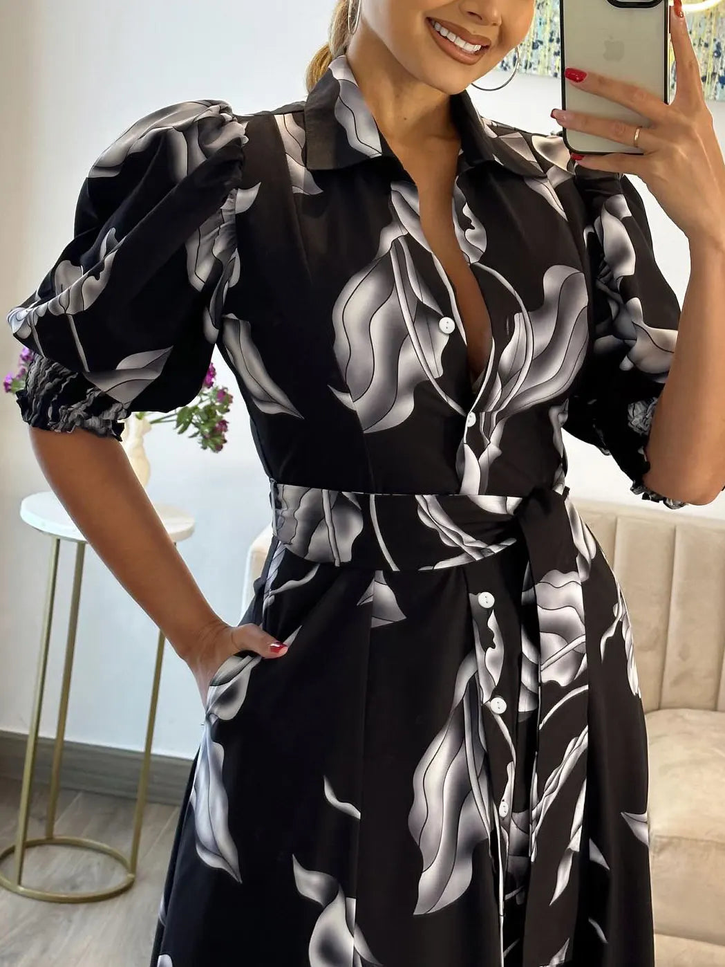 maoxiangshop Women Floral Print Long Dress Summer Casual Turn-down Collar Half Sleeve Loose Big Swing Dress Female Vintage Beach Maxi Dress