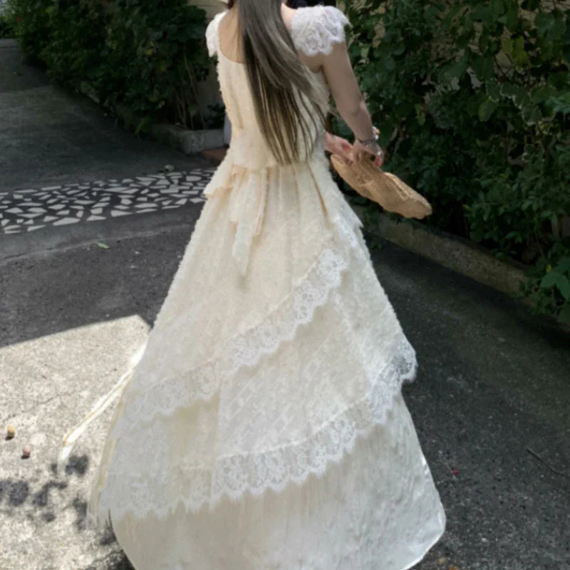 maoxiangshop Elegant Lace Ruffle Woman Dresses Midi Short Sleeves One Piece Korean Dress Vintage Floral Holiday Summer Vacation Chic