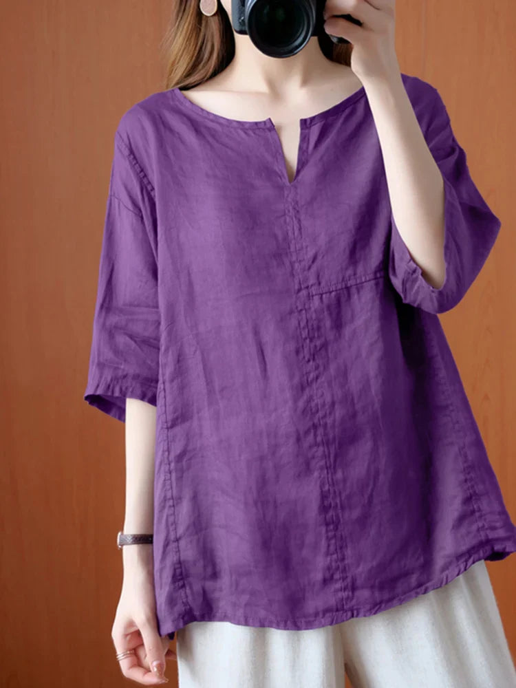 maoxiangshop Women Summer Blouse Casual Oversized Chemise Fashion Solid Vintage Half Sleeve Blusas Female O Neck Cotton Top Tunic
