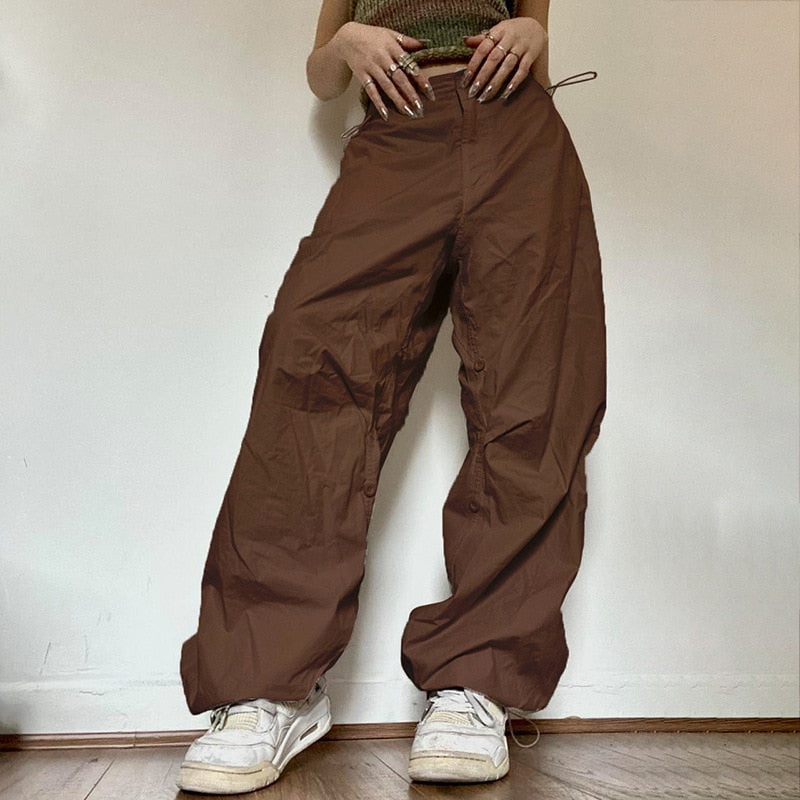 maoxiangshopWomen Y2K Cargo Pants Solid Low Waist Sweatpants Drawstring Wide Leg Baggy Trousers 2023 Summer Streetwear Punk Casual Tech Pant