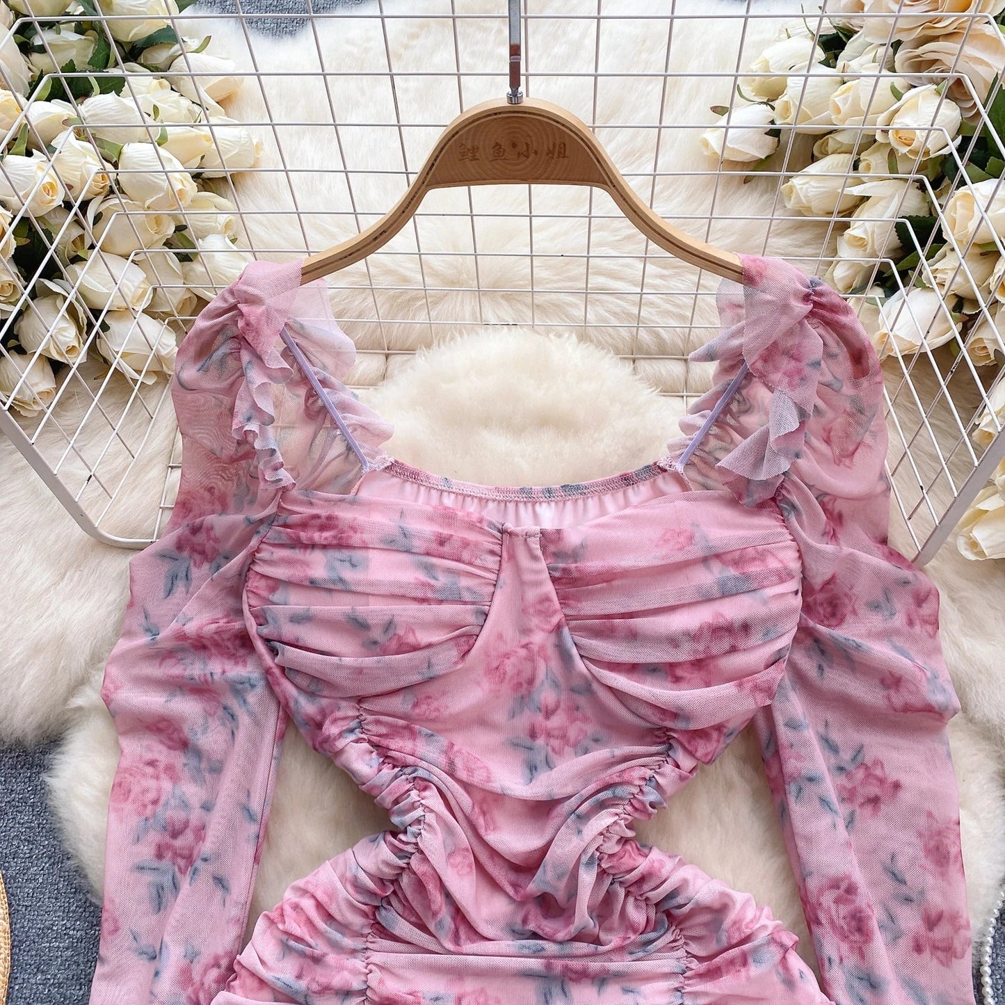 maoxiangshop Women Elegant Print Pleated Mesh Square Neck Long Sleeve Dress Sexy Fashion Vestidos Slim Hip Wrap Dress