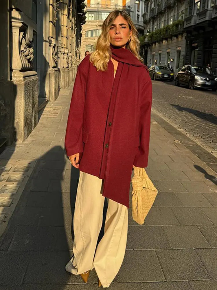 maoxiangshop - Elegant Woolen Coats With Scarf Collar Women Casual Loose Single Breasted Jackets Female Autumn Chic High Street Outwear Tops 
