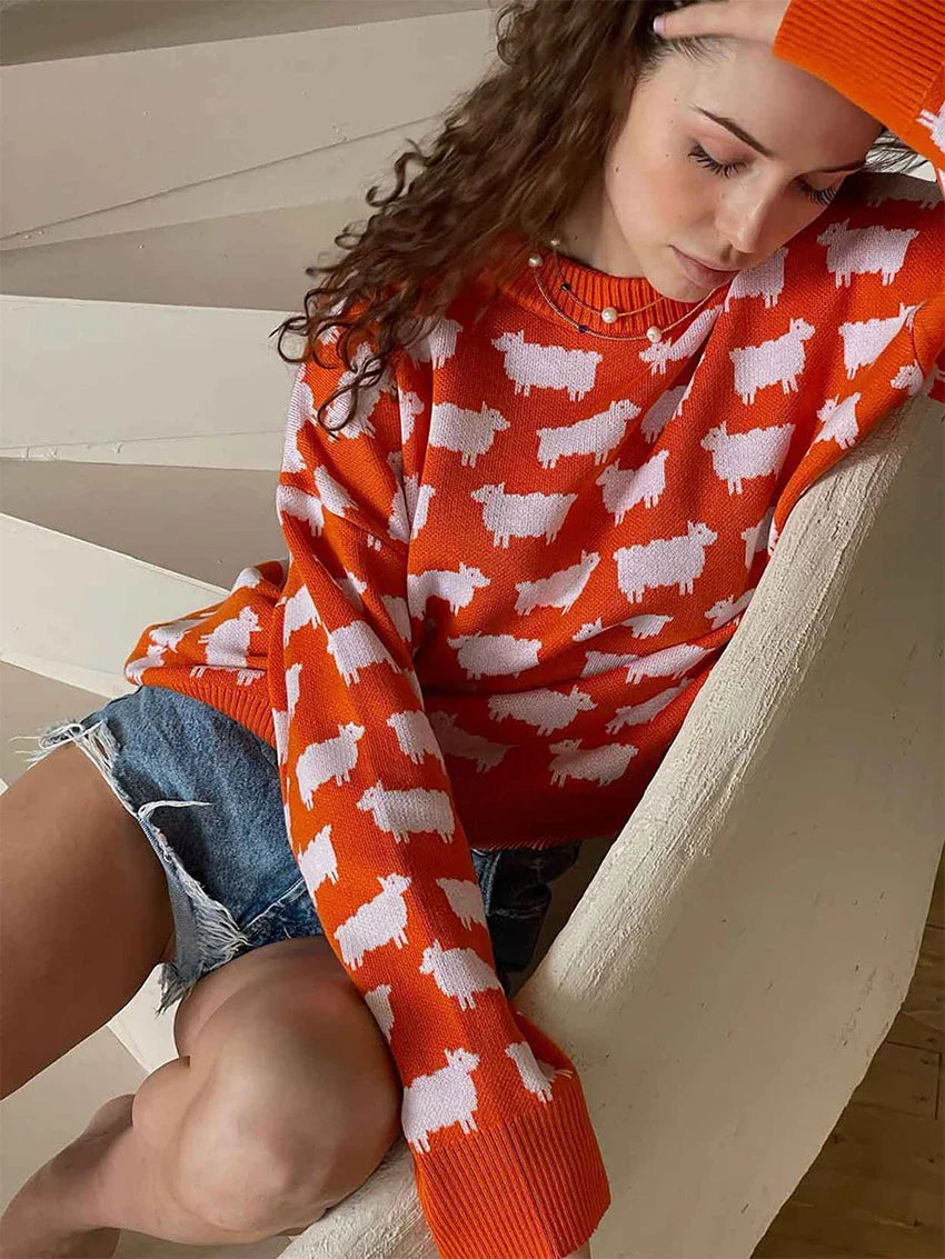 maoxiangshop - Elegant Women Sheep Printing Sweater Warm Knitted Classic O-Neck Pullover Tops Autumn Winter 2024 Streetwear Sweater