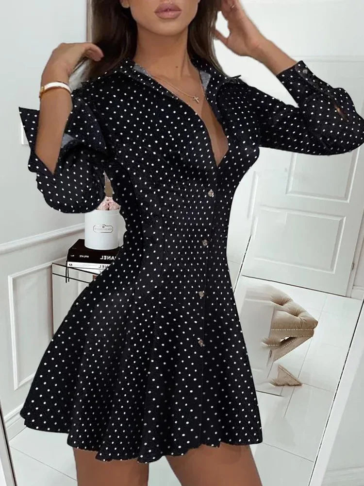maoxiangshop Dot Print Pleated Dress Women Long Sleeve Turn Down Collar Elegant Mini Dress Ladies Casual Short Dress