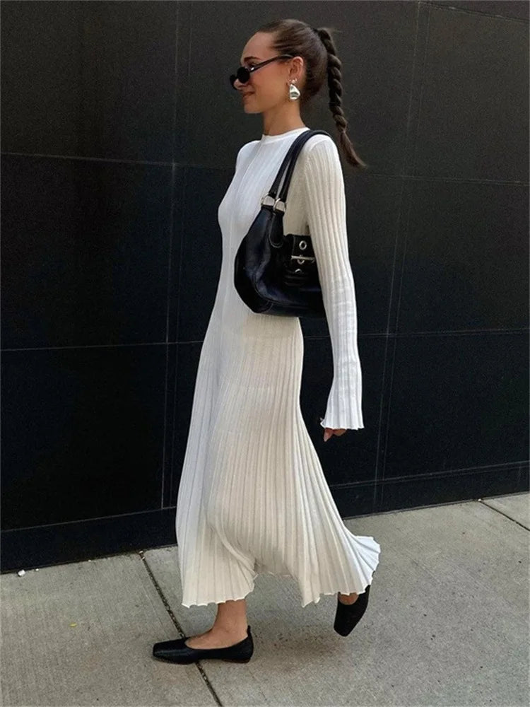 maoxiangshop - Fashion Long Sleeve Crewneck Tight Knitted Sweater Dress Autumn New Sweater Dress Women Pit Solid Color Base Dress elegant