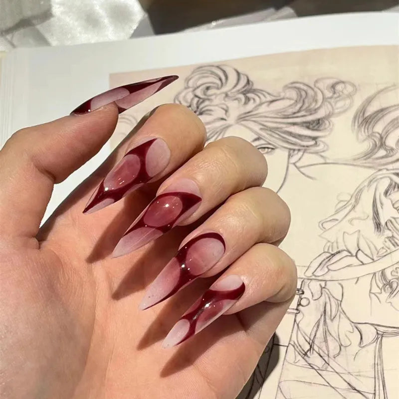 maoxiangshop 24Pcs False Nails With Glue Almond Pink Butterfly Design Detachable Rhinestones Acrylic Fake Nails long stiletto Press On Nails