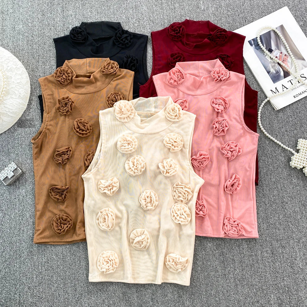 maoxiangshop American Chic Tank Top Women 3D Floral Mesh Sheer Stand Collar Sleeveless Female Crop Tops Streetwear Hot Camisole