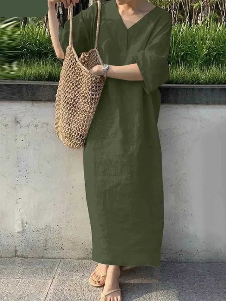 maoxiangshop Women Fashion Elegant Dress Summer Short Sleeve V-Neck Solid Sundress Casual Holiday Loose Robe Mid-Calf Length Vestidos
