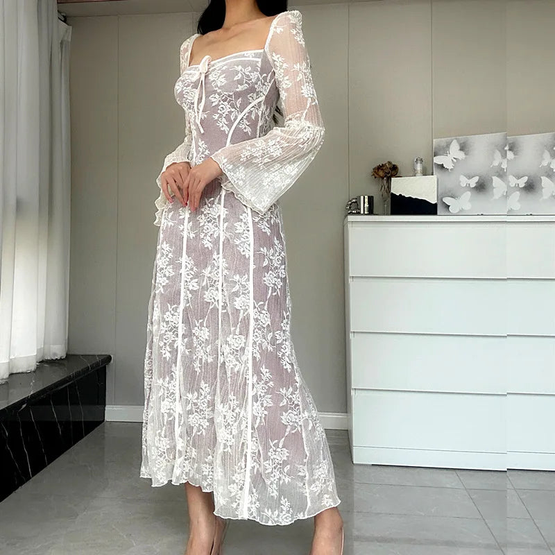 Vintage Lace Long Dress for Women Fashion Elegant Flare Sleeve Square Collar Pleated Dresses Vacation Beach Party Ladies Outfits