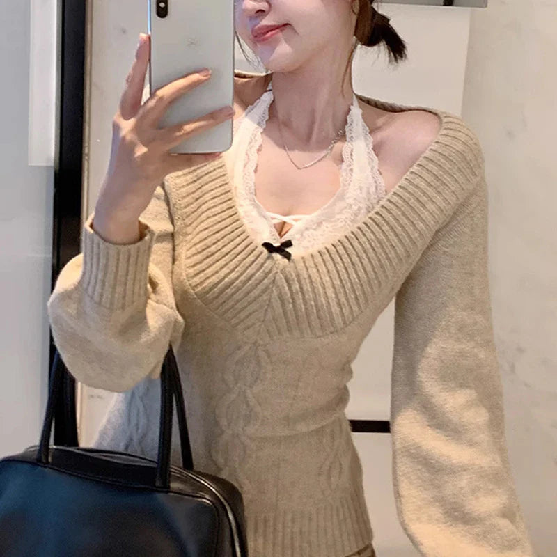 maoxiangshop - 2024 Women Grunge Knitted Twist Sweaters Y2k Aesthetic Women Streetwear Sweet Jumpers Harajuku Vintage Slim Fit Autumn Knitwear