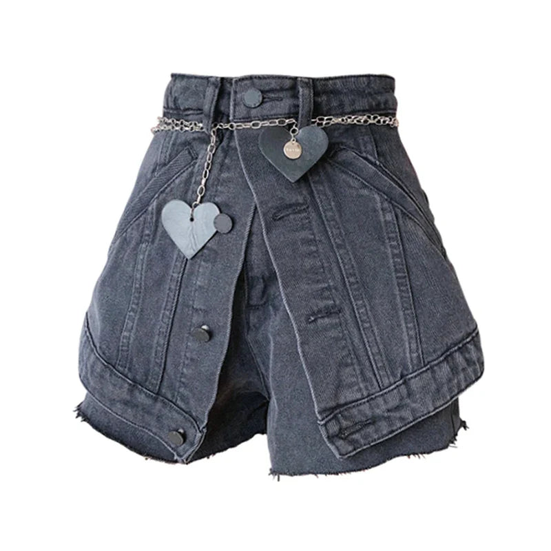 maoxiangshop Women's Short Jeans Vintage Hight Waist Y2K Harajuku Casual Black Denim Shorts With Chain Hot Summer Vacation Streetwear Bottoms