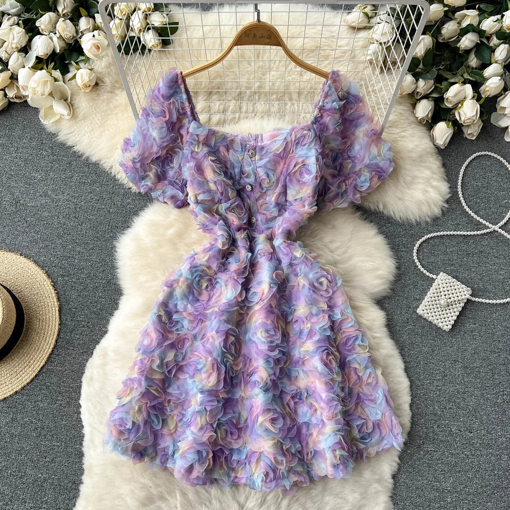 maoxiangshop Women's Broken Flower A-line Dress Vestido Temperament Slim Clothing Ladies Sweet Korea Chic Girl's Summer