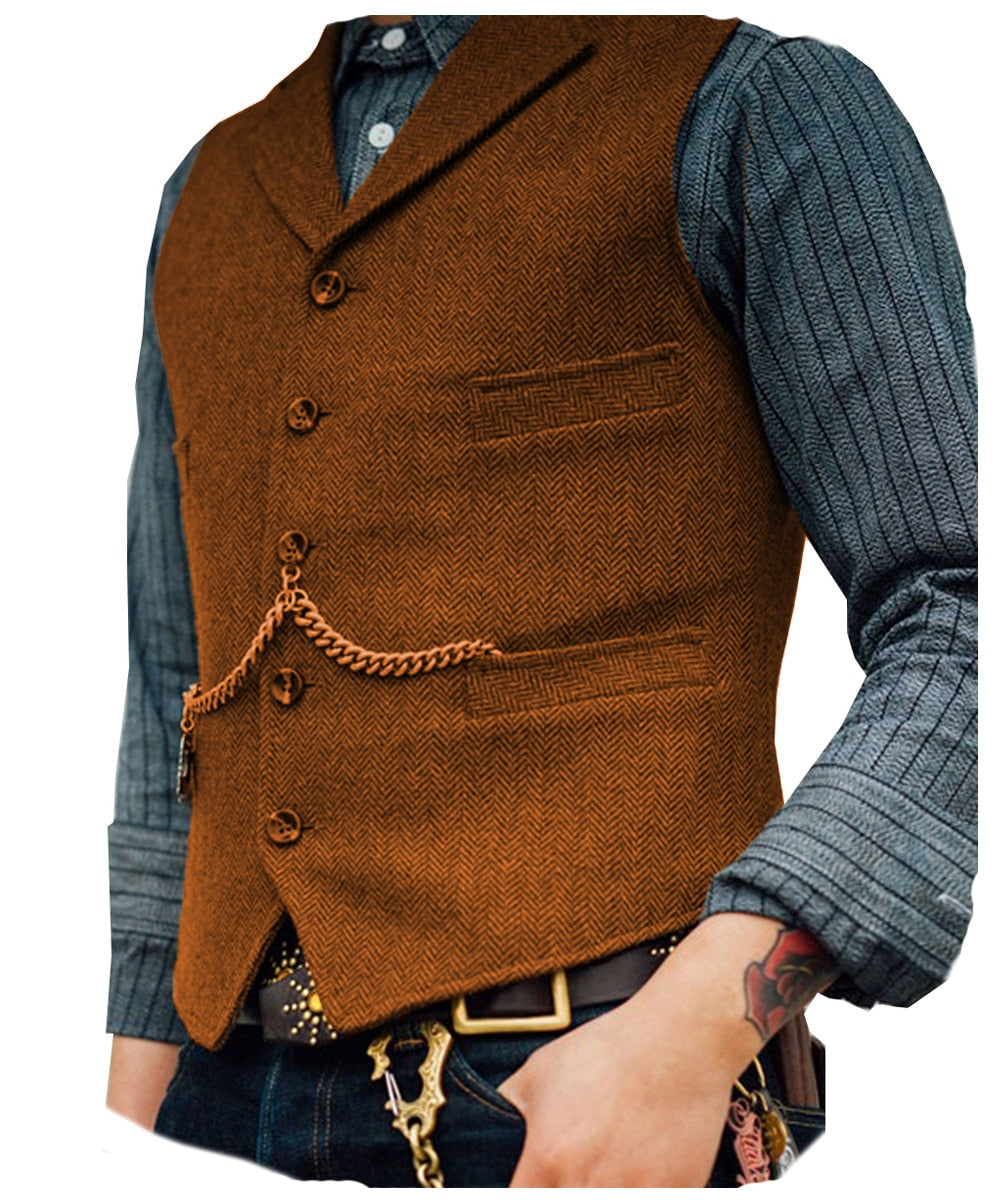 maoxiangshop Men's Suit Vest Brown Wool Tweed Business Waistcoat Jacket Casual Slim Fit Gilet Homme Vests For Groosmen Man Wedding