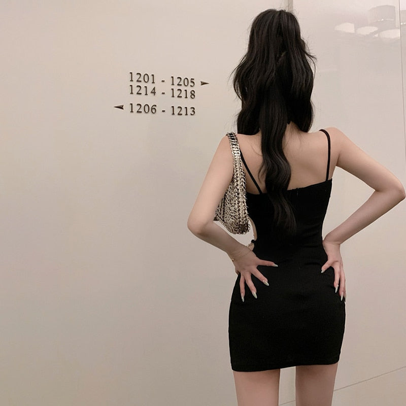 maoxiangshop Women Y2K Sexy Club Hollow Out Dress Chain Halter Neck Backless Sleeveless Black Skinny Bag Hip Slip Mini Dresses