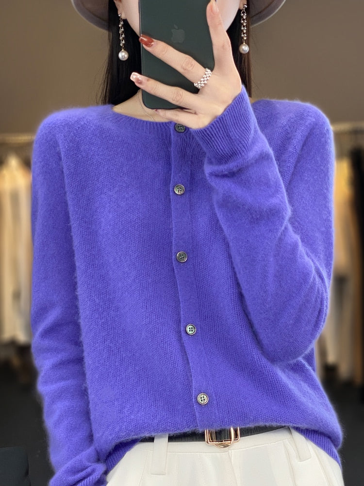 maoxiangshop Aliselect Long Sleeve Women Knitwear Cashmere Knit 100% Pure Merino Wool Spring Autume O-Neck Top Cardigan Sweater Clthing Coat
