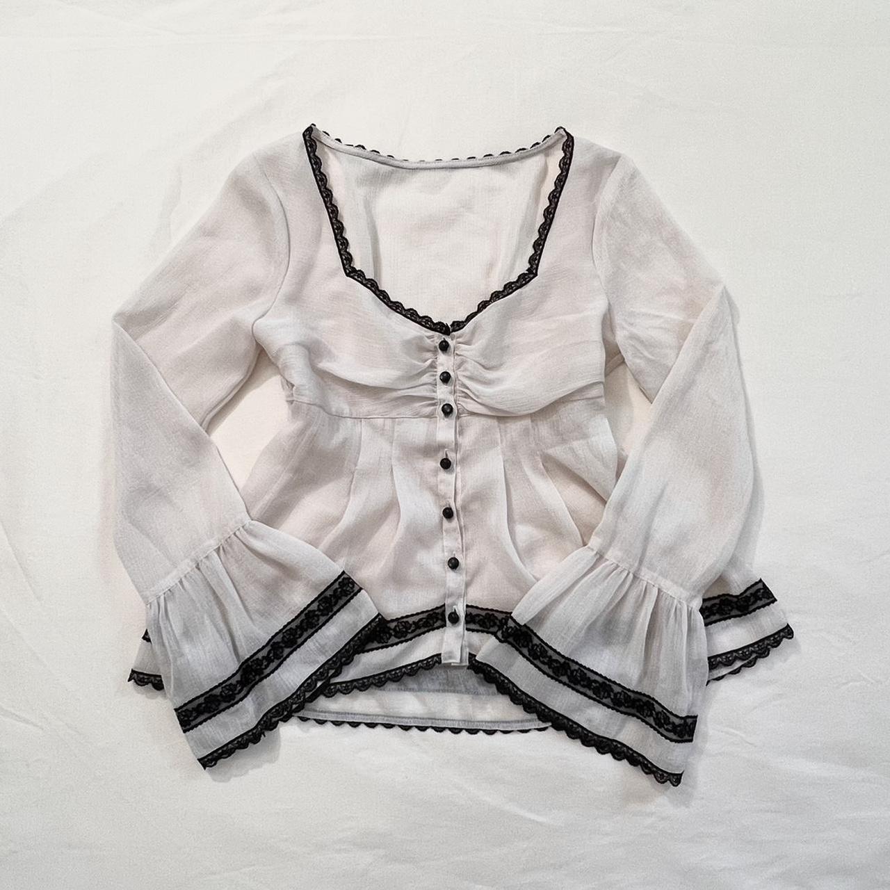 maoxiangshop y2k Mesh Sheer Crop Tops Fairycore Flared Sleeves Button Down T Shirt Aesthetic Clothes 2000s Women Tee Korean Fashion