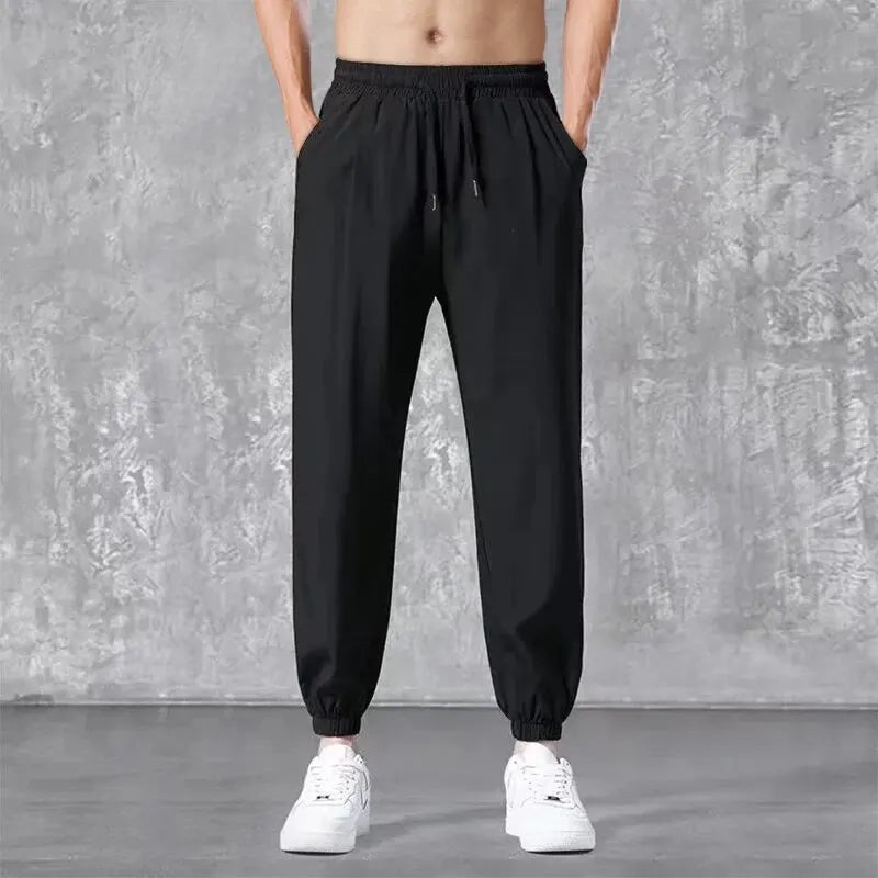 maoxiangshop Men's Summer Thin Ice Silk Quick Dry New Loose Sports Trend All Tie Feet Casual Pants Sweatpants 90s Vintage Clothes