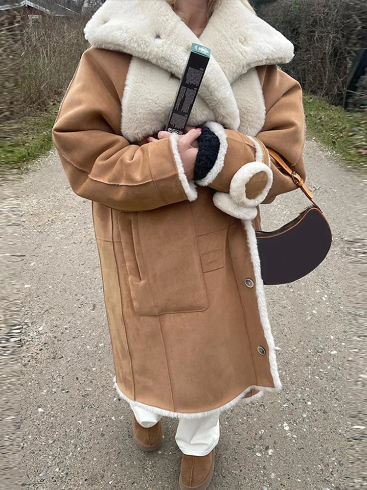 maoxiangshop - Fur Lined And Suede Integrated Long Coat Women Turn-down Collar Loose Pocket Trendy Single Breasted Outwear 2024 Winter Chic Top