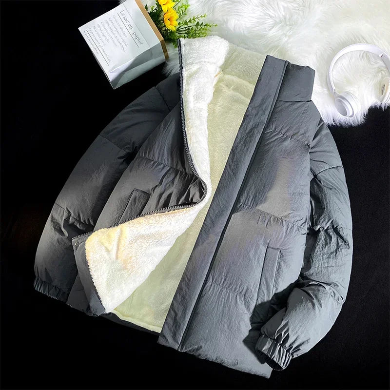 maoxiangshop WINTER OUTFITS Green Puffer Jacket Men Style Winter Lamb Wool Stand Up Collar Casual Jackets Men Thick Warm Coats Streetwear Solid Color Jacket