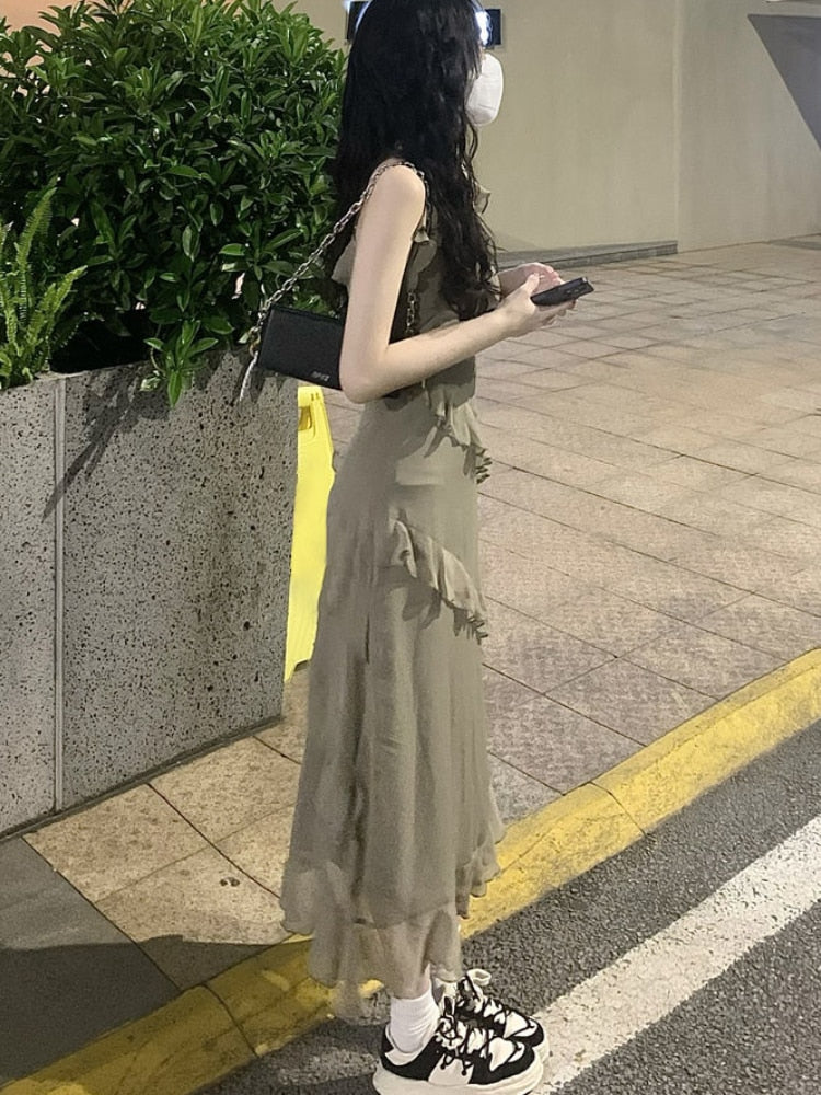maoxiangshop Dresses Women Ruffles Design Daily Pure Sexy Spaghetti Strap Elegant Casual Korean Style Retro Summer Ladies Midi Vestidos Chic
