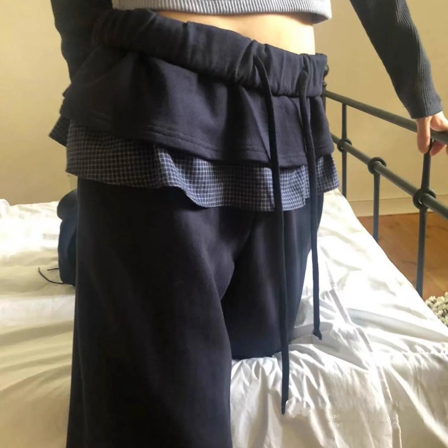 maoxiangshop - 2024 Y2k Vintage Skirt Pants Women Autumn Winter New Cute Retro Plaid Japanese Patchwork Lace Fake Two-piece Casual Skirt Pants