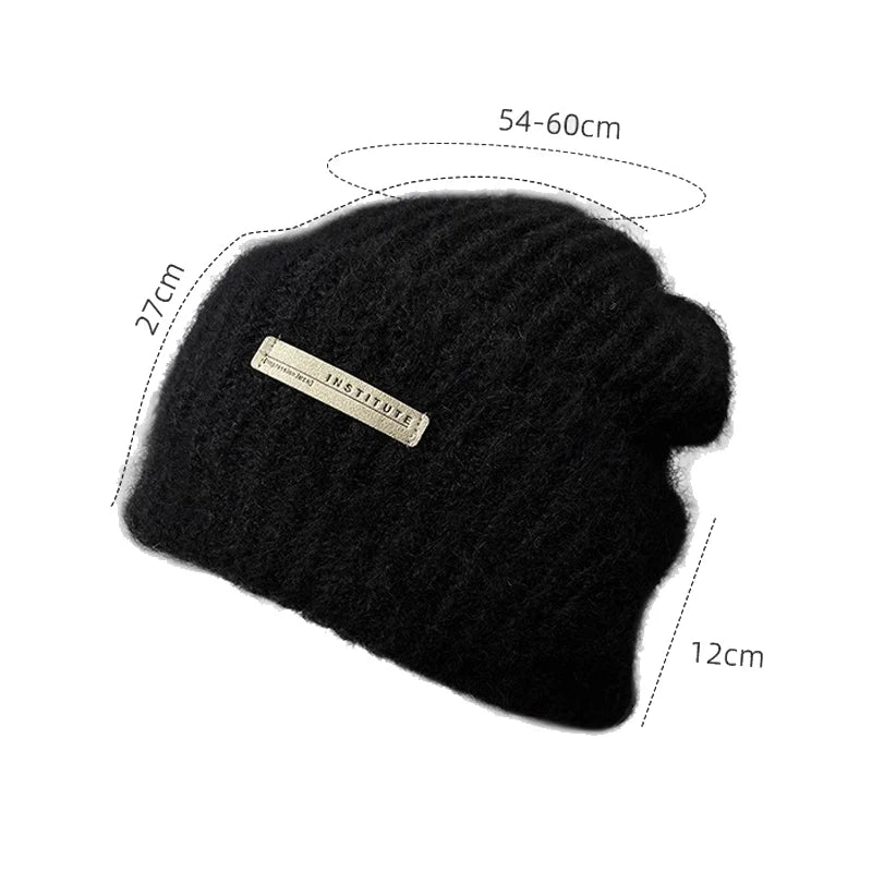 maoxiangshop - Knitted Heap Heap Beanie Hat for Women Solid Leather Label Pullover Cap Winter Thickened Warm Woolen Hats Outdoor Cycling Bonnet
