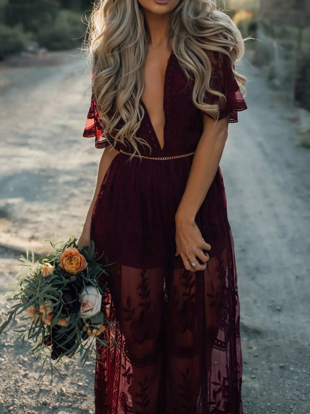Women Summer Dresses V-Neck Short Sleeve High Waist Slit Lace Perspective Maxi Dress Sexy Beach Prom Robe(no lining)