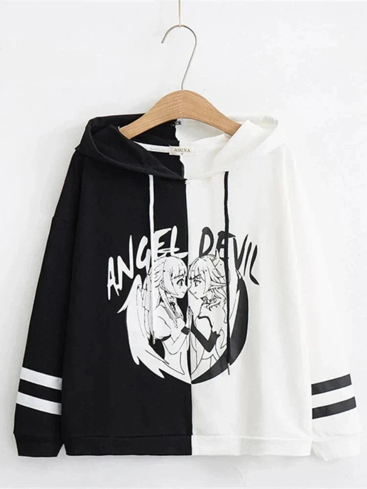 maoxiangshop Kawaii Women Hooded Hoodies Long Sleeve Lovely Patchwork Cute Girls Sweet Sweatshirt Female Pullovers