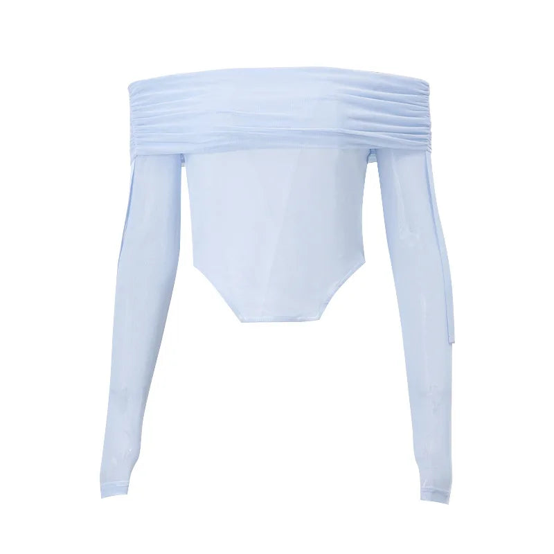 maoxiangshop - Mesh Shirts For Women Sexy Off Shoulders Slim Crop Tops Hot Girls Fashion Splice Short Shirt Ladies Autumn Winter Clothes