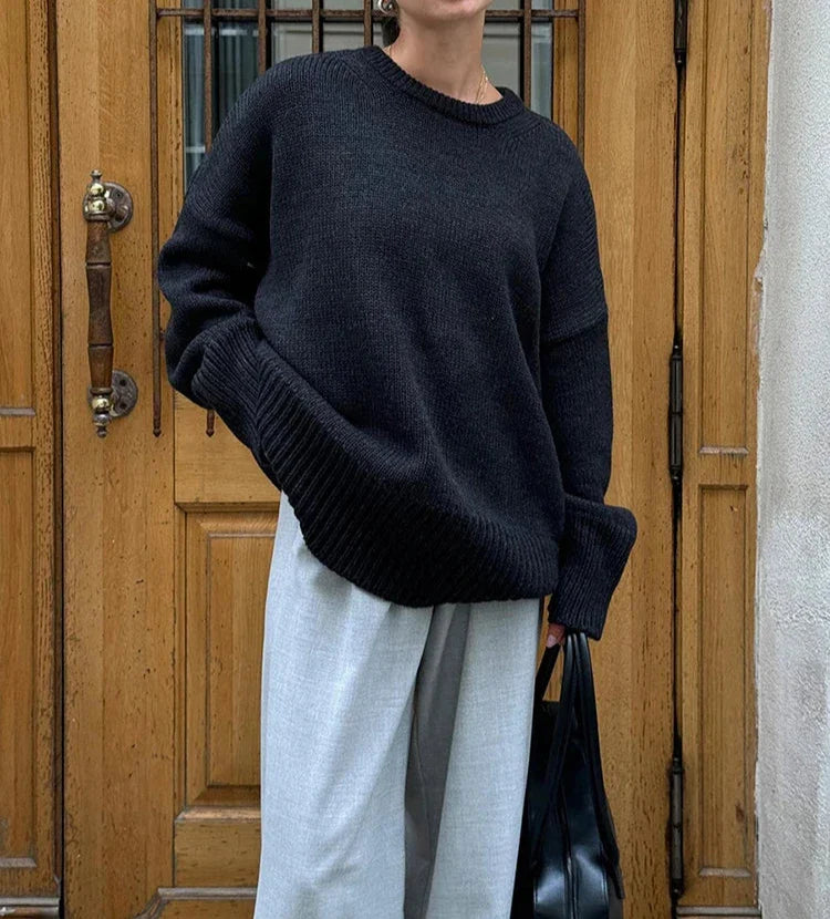 maoxiangshop - Gray Warm Knitted Sweater Women Long Sleeves Casual Round Neck Solid Pullover Tops Autumn Winter Office Lady Sweater