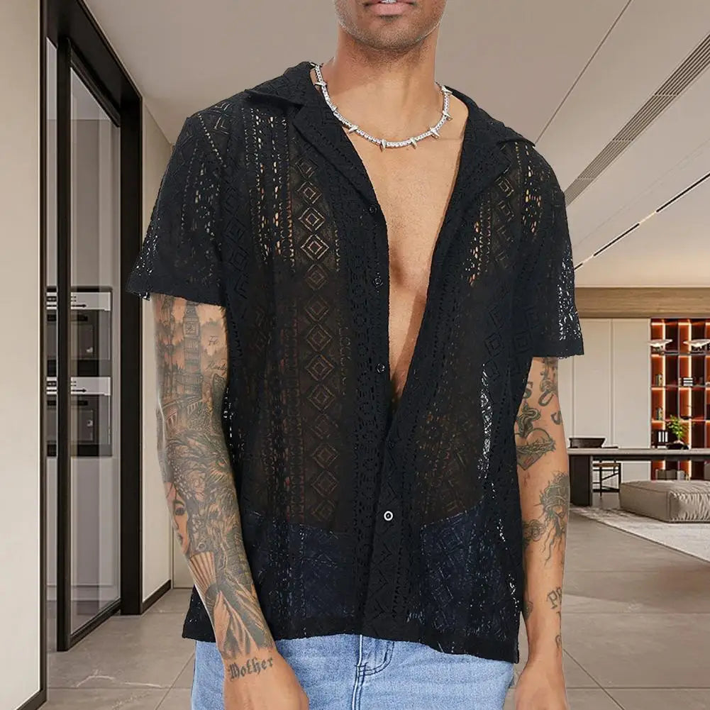 maoxiangshop Stylish Men T-shirt Mid-length Solid Color Soft Breathable See-through Men Shirt Men Shirt Daily Wear