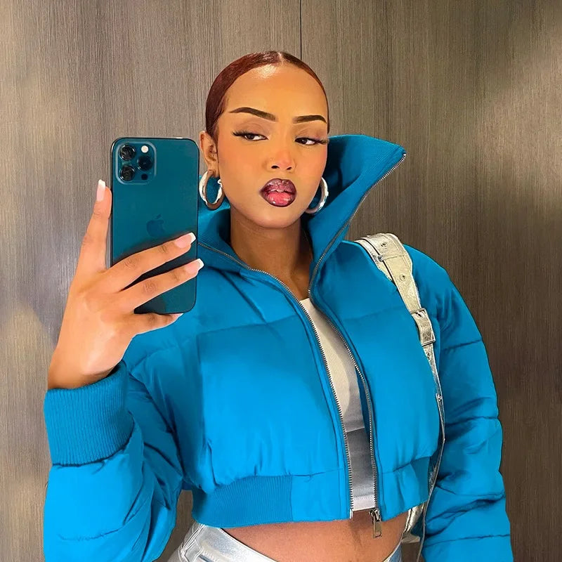 maoxiangshop - Autumn Winter Cotton Coat Women's High Collar Zipper Long Sleeve Short Cotton Jacket Street Loose Thickened Warm Jacket