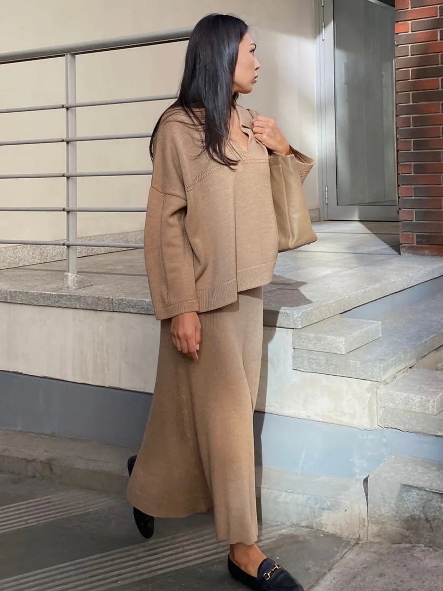 maoxiangshop - Lapel Sweater + Fishtail Skirts Sets Fashion Knitting Autumn Women Suit Knit Pullover Top Long Skirts Fashion Two Piece Set 2025