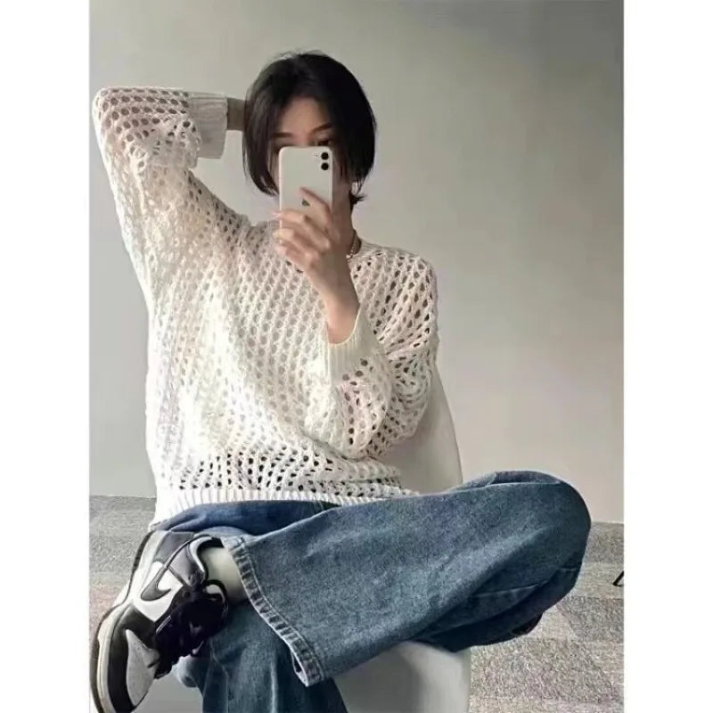 maoxiangshop Hollow Out Knit T-shirt Women Y2K Casual Loose Fishing Net Long Sleeve Female Top Summer Street White Lady Pullovers Tops