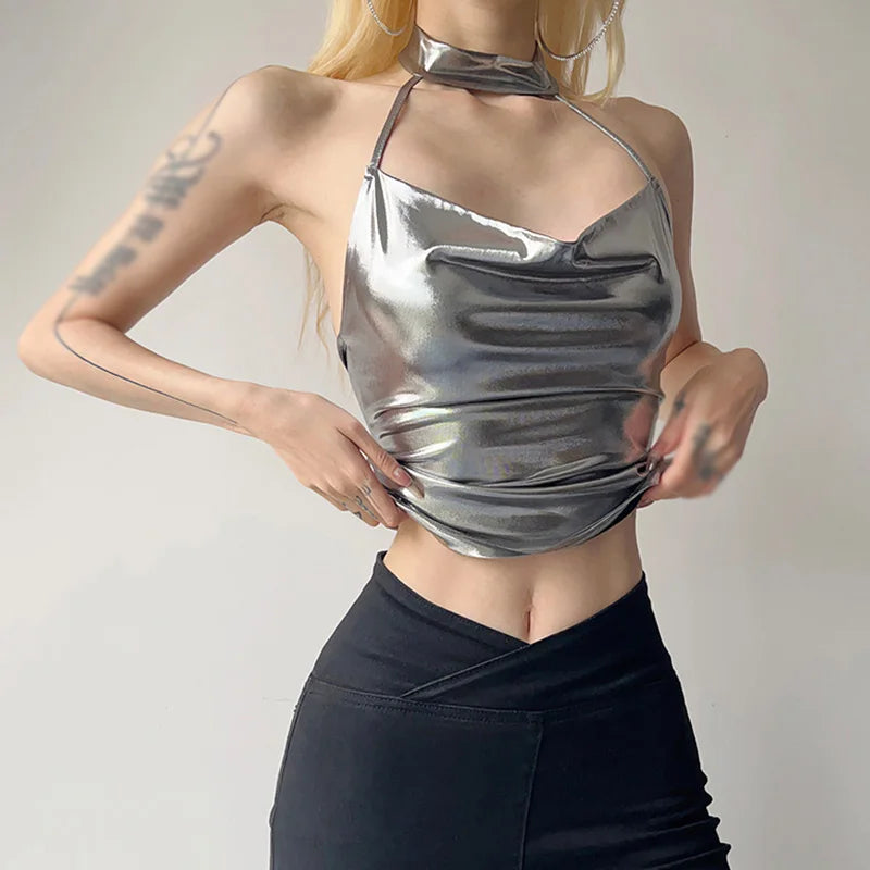 maoxiangshop-Sliver Crop Tops Sleeveless Slim Tank Top Summer Fashion Cute Y2K Casual High Street Camis Women Clothes